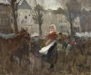 Winterliche Marktszene In Dusseldorf by Wilhelm Schreuer