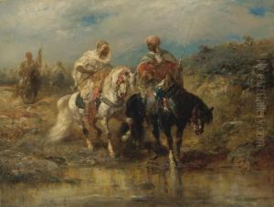 Horsemen At A Watering Hole by Adolf Schreyer
