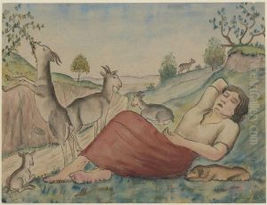 Schlafendes Madchen Mit Ziegen by Georg Schrimpf