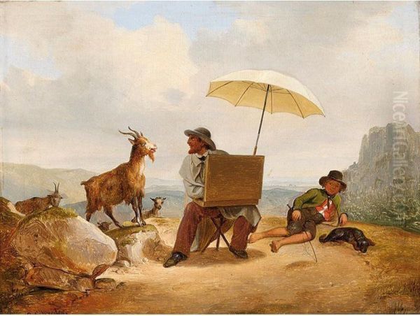 An Artist Painting Goats In A Mountainous Landscape - view 1