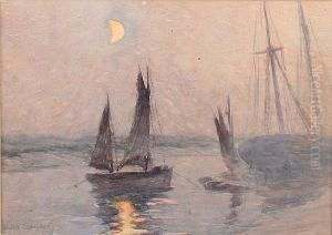 Lakeside Scene With Sailing Boats And Figures On The Shore Lakeside Scene With Sailing Boats And Figures On The Shore