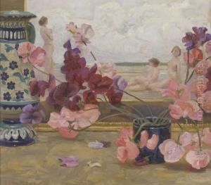 Still Life Of Sweet Peas, An Eastern Vase, And A Painting Withthree Figures Still Life Of Sweet Peas, An Eastern Vase, And A Painting Withthree Figures