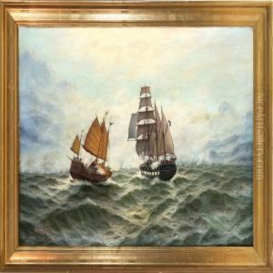 Marine With A Junk And A Ship Of The Line In A Battle by Max Schroder-Greifswald