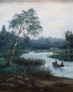 Pommersche Flusslandschaft Mit Birke Und Ruderboot Auf Dem Wasser