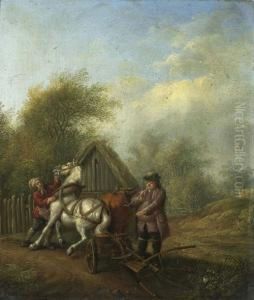 Gutsherr Und Knecht Mit Pflug. by Johann David Schubert