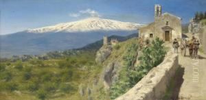Scene Fromtaormina With A View Of Mount Etna