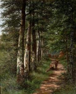 Figures Chatting On A Tree Lined Path by Leon Schulman