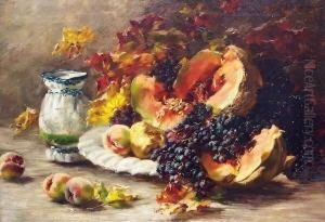 Stilleben Mit Melone, Pfirsichen Und Blauen Trauben