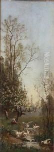 Gardienne D'oie Au Bord De La Riviere. by Albert Schultz