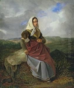 Frau Auf Felsen In Landschaft by Karl Friedrich Schulz
