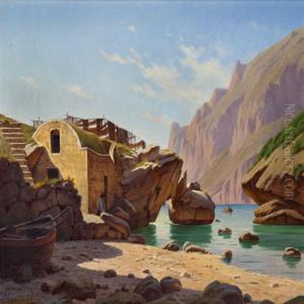 Rocky Coast Witha Fisherman Drying His Fishing Nets - view 1