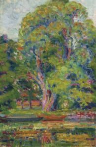 Trees With Stream And Boat by William Schumacher