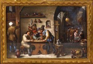 A Tavern Interior With Six Men Gaming At A Table And Other Figures Conversing In A Recess By A Smoking Fire