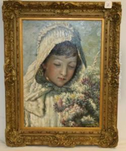 Study Of A Child Wearing A Bonnet With Bunch Of Flowers