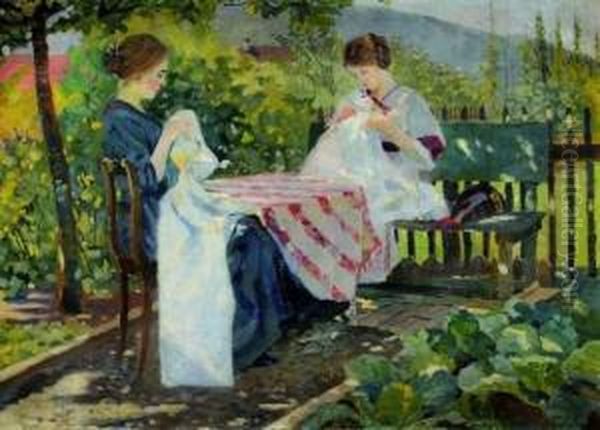 Femmes Cousant Au Potager - view 1