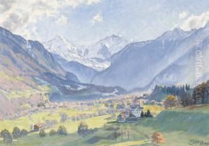 Herbstliche Ansicht Von Wilderswil Mit Monch Und Jungfrau. by Paul Schurch