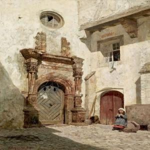 Girl At A Gate In An Italian Courtyard by C. Schuster