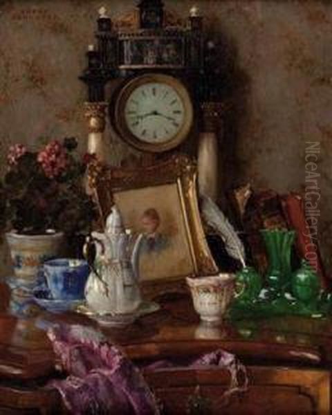 "stillleben Mit
Portal-uhr, Buchern, Porzellan Und Topfblumen
Sowie Damenportrait" - view 1