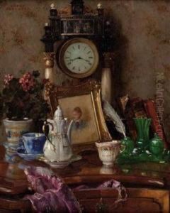 "stillleben MitPortal-uhr, Buchern, Porzellan Und TopfblumenSowie Damenportrait" by Josef Schuster