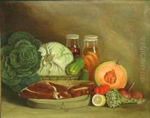 A Still Life With Meat, Cabbage, A Melon And Other Vegetables On A Table