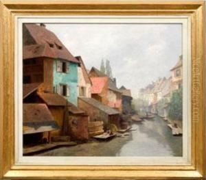 Sommerliche Stadtansicht Mit Wascherin Am Fluss by Karl Friedrich H. Schuster