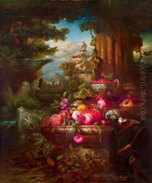 Grande Quadro Di Fiori Decorativo Con Paesaggio Con Giardino Sullo Sfondo - view 1