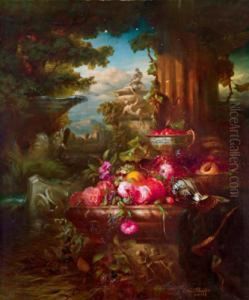 Grande Quadro Di Fiori Decorativo Con Paesaggio Con Giardino Sullo Sfondo