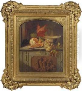 Fruits And A Chinese Imari Bowl On A Decorative Ledge by Ludwig Schuster