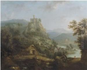 An Extensive Mountain River Landscape With A Bridge And Peasants In A Village By A River