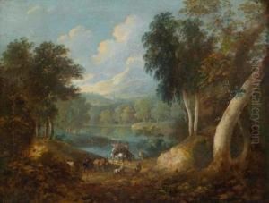 Gebirgige Flusslandschaft Mit Einer Jagdgesellschaft