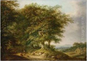 A Wooded Landscape With Travellers Resting On A Path, A Barn Beyond