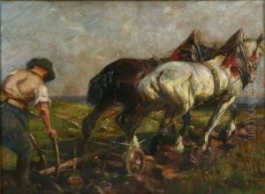 Team Of Horses Plowing The Fields by Heinrich Schutz