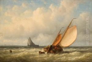 Zeilboten Op Zee by Joannes Frederick Schutz
