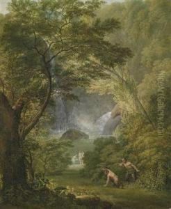Two Satyrs Spying On Bathing Nymphs by Johann Georg Schutz