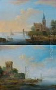 Paysage Lacustre Anime De Personnages Avec Une Eglise by Johann Georg Schutz
