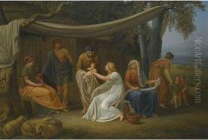 An Arcadian River Landscape With A Family And Their Sheep by Johann Georg Schutz