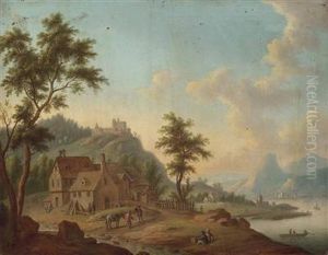 Flusslandschaft Mit Hochgelegener Burg Und Figurlicher Staffage by Christian Georg Schuttz II