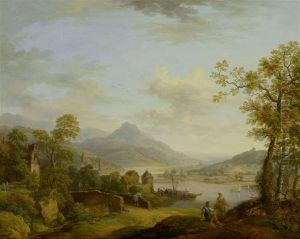 Peasants Near A Path In A Broad Rhine Landscape With Village And Bridge by Christian Georg Schuttz II