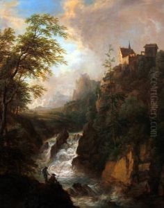 Mountain River Landscape With Anglers On A Rocky Outcrop by Christian Georg Schuttz II