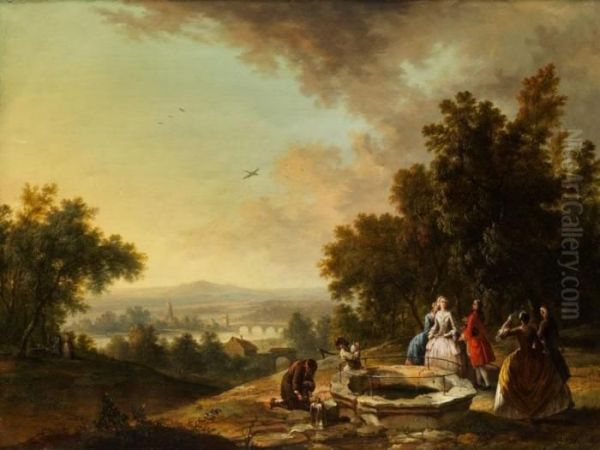 Flusslandschaft Mit Hofischer Gesellschaft An Einem Brunnen Im Vordergrund - view 1