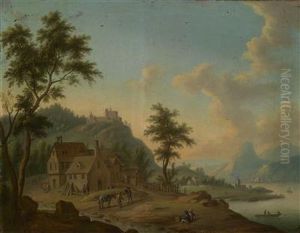River Landscape With A Fortress And Figuralstaffage by Christian Georg Schuttz II