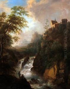 Mountain River Landscape With Anglers On A Rocky Outcrop