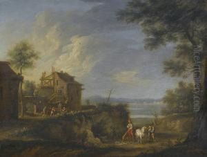 A Landscape With Peasants Watering Their Horses At The Stream by Christian Georg Ii Schuz