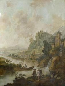 A Mountainous River Landscape With Travellers On A Path In The Foreground by Christian Georg Ii Schuz