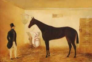 A Chestnut Horse And Its Owner In A Stable Interior by Alexander Schwabe