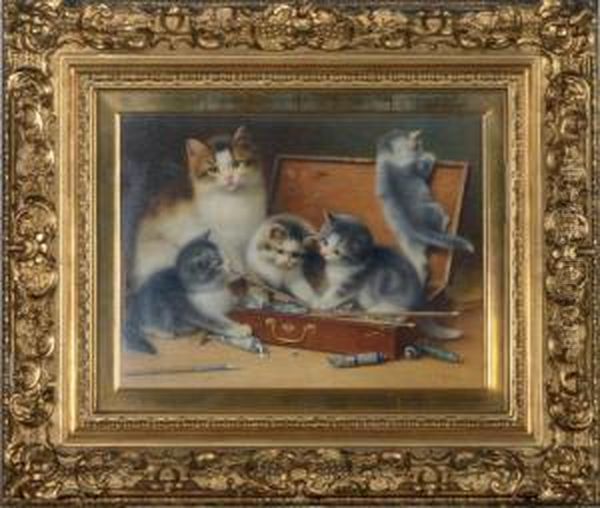 Mother Cat And Her Kittens Playing In A Paint Box - view 1