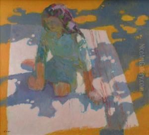 Girl Seated On A Rug In The Sun by Adolf Schwarz