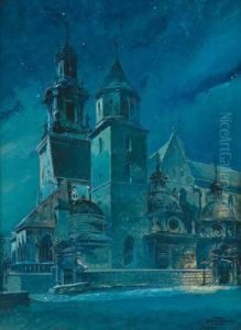 A Church In Wawel Castle In Krakov At Night by Feri Schwarz