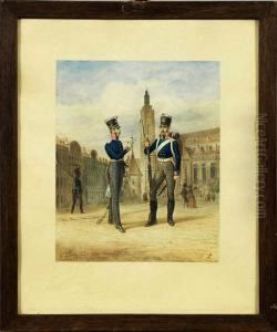 Preusischeinfanteristen Aus Der Zeit Der Koalitionskriege Auf Einemmarktplatz by Gustav Schwartz or Schwarz