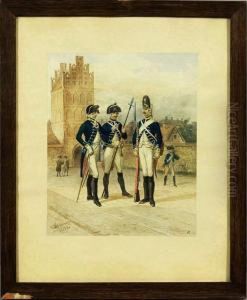 Friderizianischerfusilier Und Offiziere Vor Einem Alten Stadttor